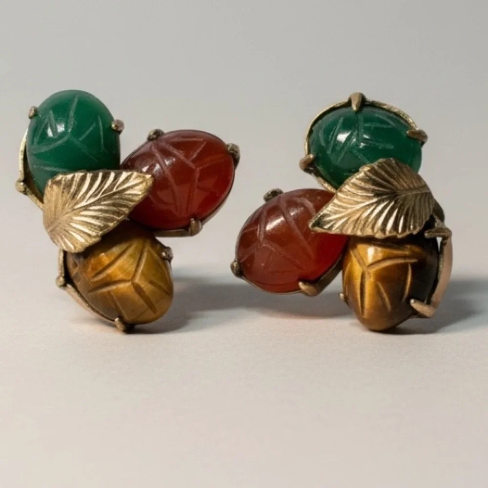 Vintage Scarab Brooch Earrings Set 12K GF Etched Gemstones Mid Century Signed